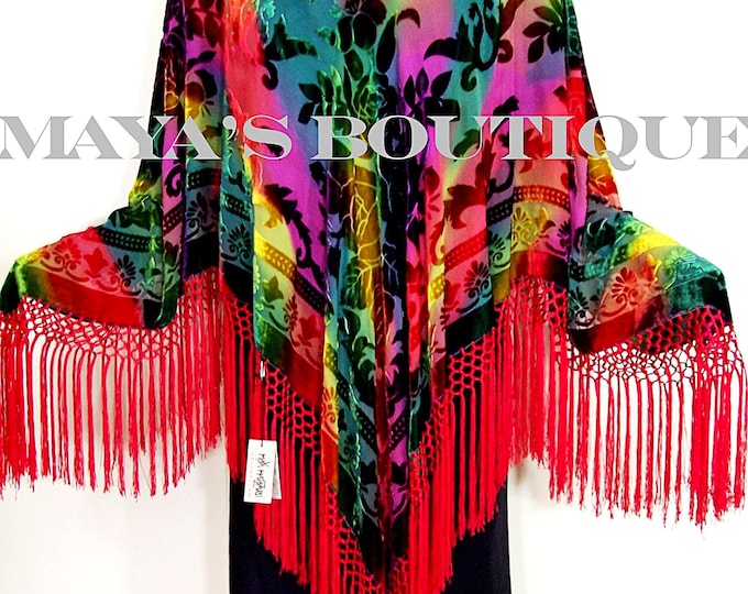 WEARABLE ART Red Multi Burnout Velvet Poncho Shawl Fringe Top Maya Matazaro One Size
