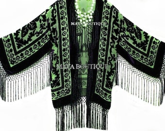 Green & Black Fringe Jacket Kimono Bolero Silk Burnout Velvet Maya Matazaro