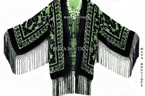 Green & Black Fringe Jacket Kimono Bolero Silk Burnout Velvet | Etsy