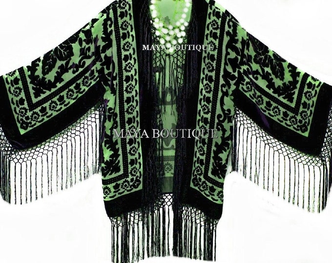 Green & Black Fringe Jacket Kimono Bolero Silk Burnout Velvet Maya Matazaro