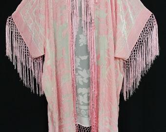 Rose Quartz Fringe Jacket Kimono Duster Silk Burnout Velvet Maya Matazaro Plus