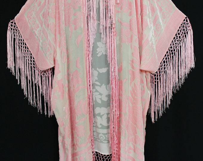 Rose Quartz Fringe Jacket Kimono Duster Silk Burnout Velvet Maya Matazaro Plus