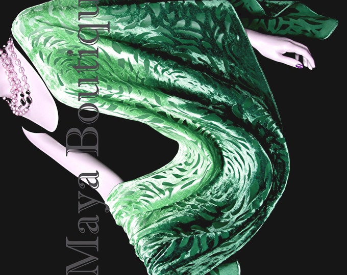 Maya Matazaro Hand Dyed Emeral Green Camellia Shawl Wrap Scarf Burnout Velvet
