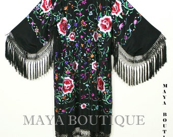 Embroidered Silk Fringe Jacket Flamenco Kimono BLACK & MULTI Maya Matazaro Long