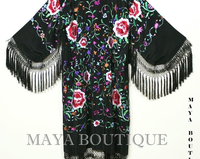 Embroidered Silk Fringe Jacket Flamenco Kimono BLACK & MULTI Maya Matazaro Long