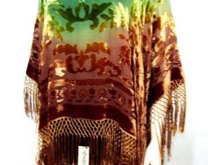 Silk burnout velvet Poncho Shawl Top Brown and Green Hand Dyed by Maya