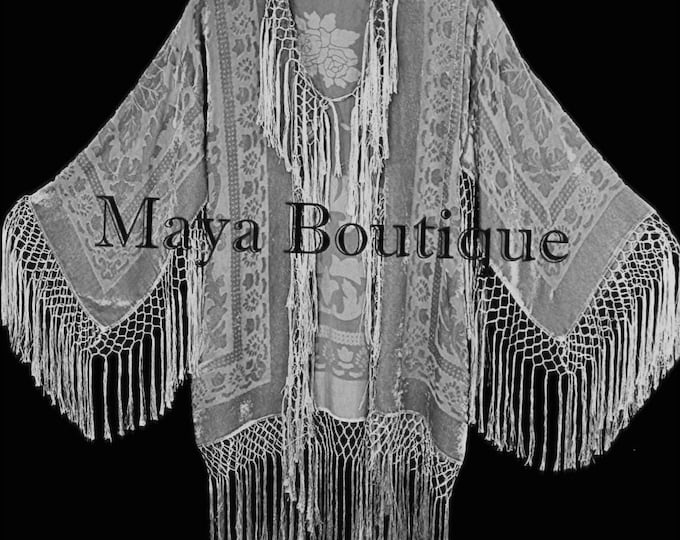 Silver Gray Fringe Jacket Kimono Bolero Silk Burnout Velvet Maya Matazaro