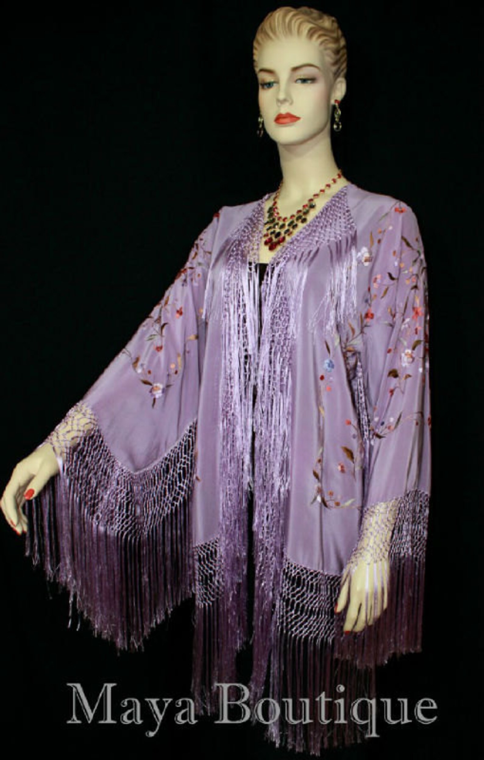 The Madame Butterfly Embroidered Silk Fringe 20s Evening Wrap - French Lime main image 1