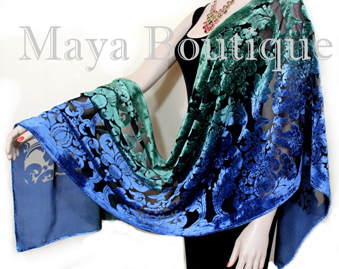 Hand Dyed Maya Matazaro Baroque Shawl Wrap Scarf Burnout Velvet Green Blue Ombre