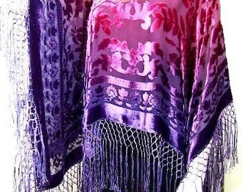 Silk burnout velvet Poncho Shawl Top Purple and Magenta Hand Dyed by Maya