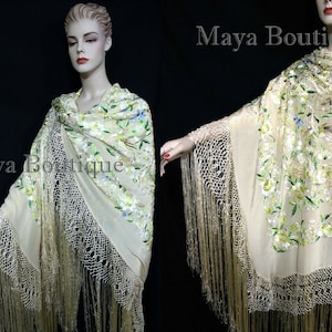 Flamenco Embroidered Silk Piano Shawl Wrap Pastels Flower Birds Greens 90" Maya