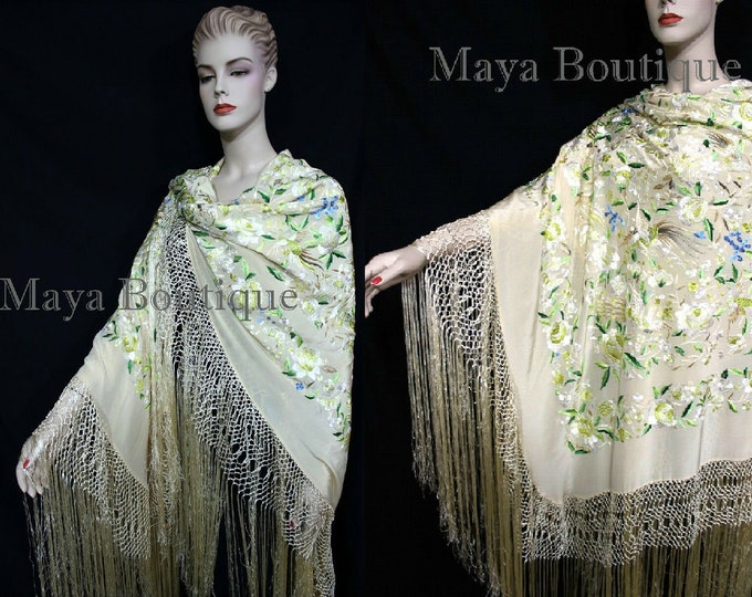 Flamenco Embroidered Silk Piano Shawl Wrap Pastels Flower Birds Greens 90" Maya