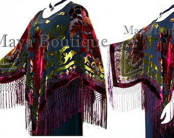 Tye Dye Burgundy Multi Silk Burnout Velvet Poncho Shawl Fringe Top Maya Matazaro One Size