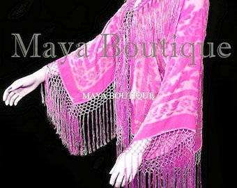 Candy Pink Silk Burnout Velvet Fringe Jacket Short Kimono Maya Matazaro
