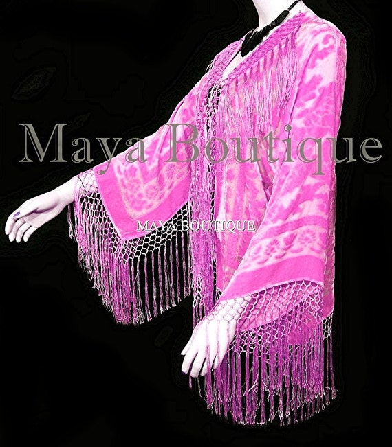 Candy Pink Silk Burnout Velvet Fringe Jacket Short Kimono Maya