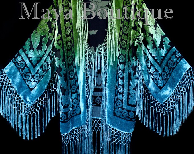 Art to Wear Devore Velvet Kimono Fringe Jacket Hand Dyed Green Turquoise Ombre Maya Matazaro