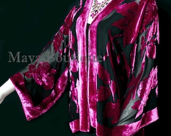 Silk Burnout Velvet Jacket Short Kimono Raspberry Black No Fringe Maya Matazaro