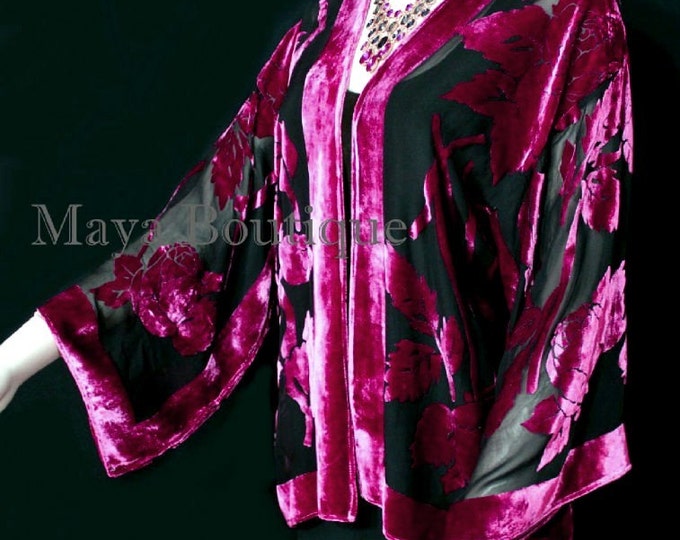 Silk Burnout Velvet Jacket Short Kimono Raspberry Black No Fringe Maya Matazaro