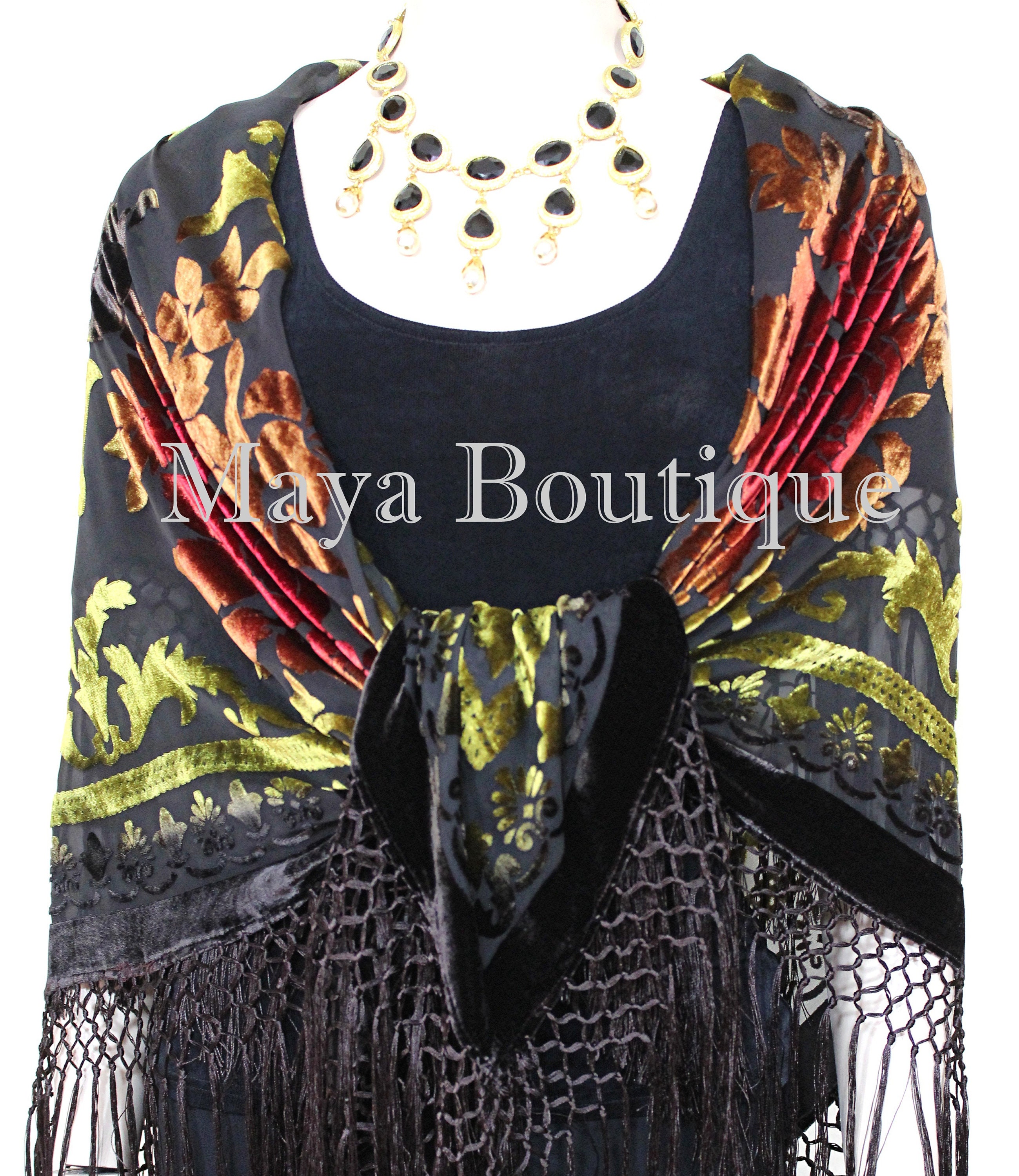 Maya Matazaro Tie Dye Brown Multi Silk Burnout Velvet Piano Shawl Wrap Scarf