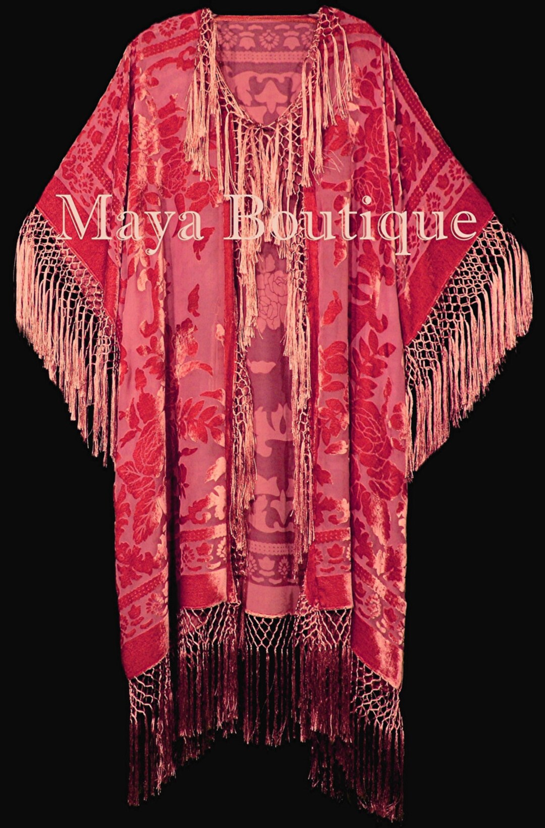 Maya Duster Etsy Kimono Velvet Jacket Plus Coral Fringe Matazaro Burnout - Silk