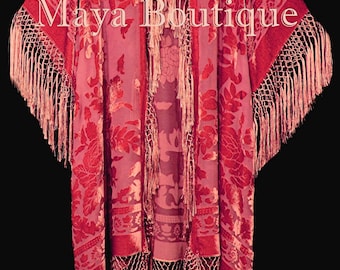Coral Fringe Jacket Kimono Duster Silk Burnout Velvet Maya Matazaro Plus