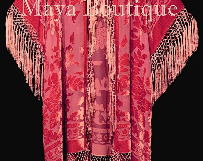 Coral Fringe Jacket Kimono Duster Silk Burnout Velvet Maya Matazaro Plus