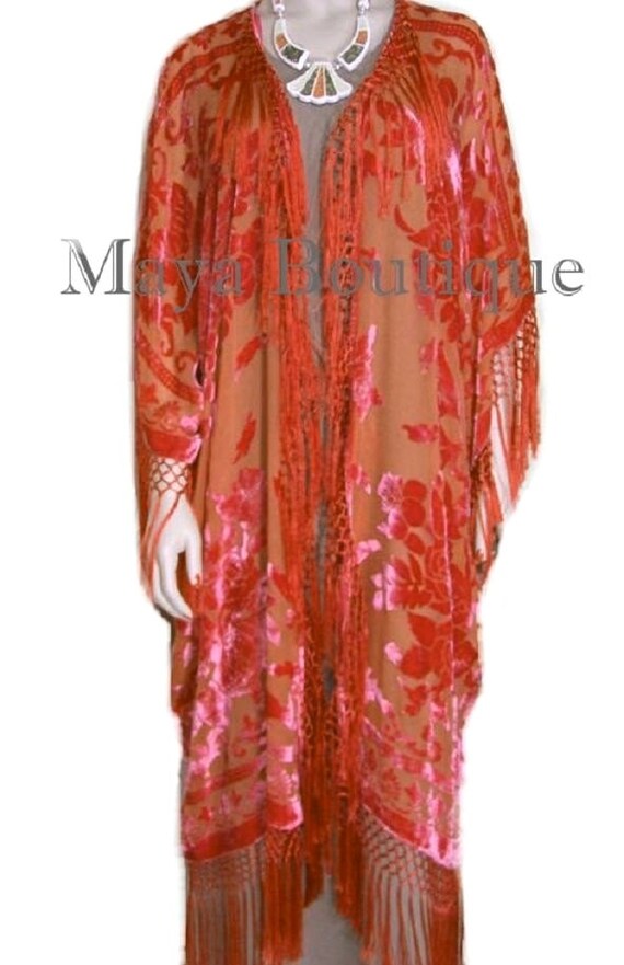 Orange Fringe Jacket Kimono Duster Silk Burnout Velvet Maya Matazaro Plus -  Etsy