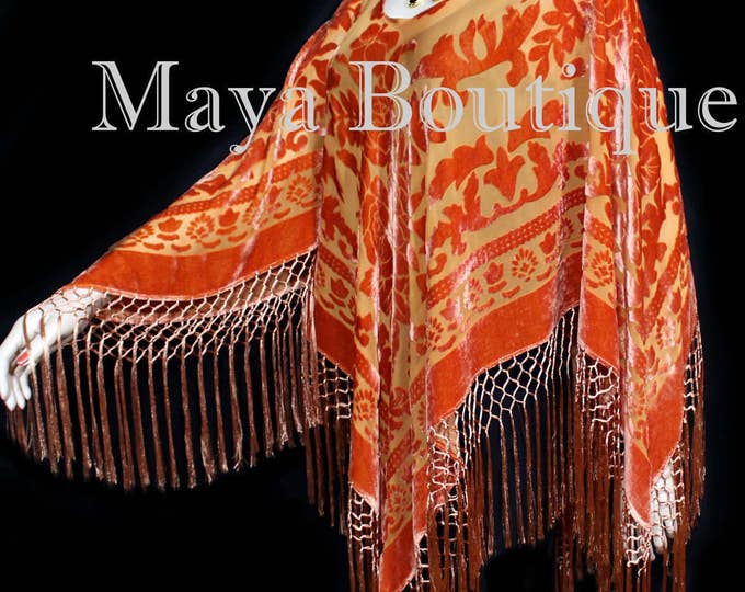 Tangerine Silk Burnout Velvet Poncho Fringe Top Shawl Maya Matazaro One Size