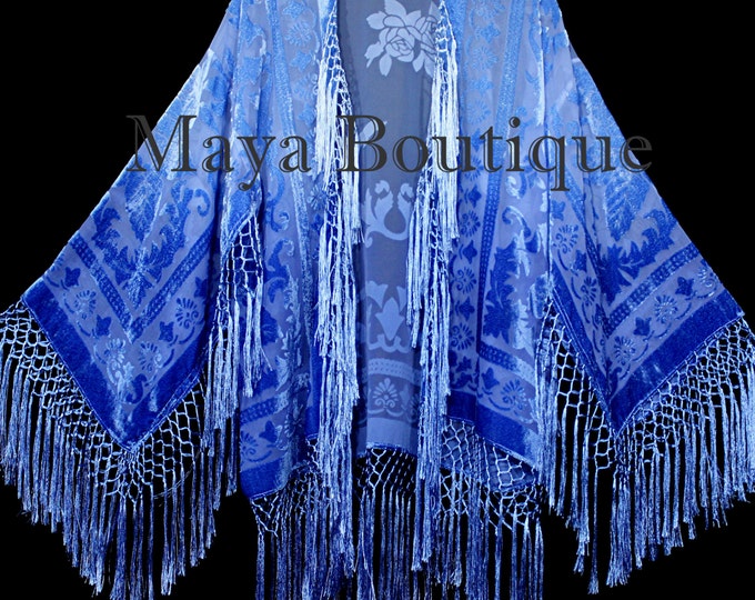 Wearable Art Blue Ombre Velvet Kimono Jacket Hand Dyed Short Maya Matazaro