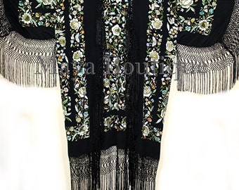 Embroidered Flamenco Silk Opera Coat Kimono Fringe Jacket Floral Birds Butterfly Pastels MAYA