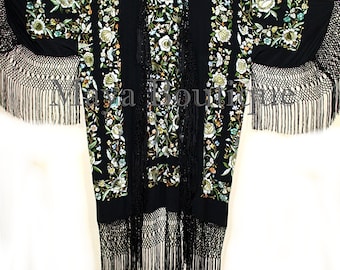 Embroidered Flamenco Silk Opera Coat Kimono Fringe Jacket Floral Birds Butterfly Pastels MAYA