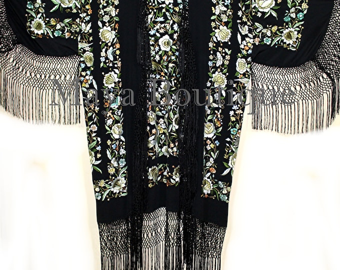 Embroidered Flamenco Silk Opera Coat Kimono Fringe Jacket Floral Birds Butterfly Pastels MAYA