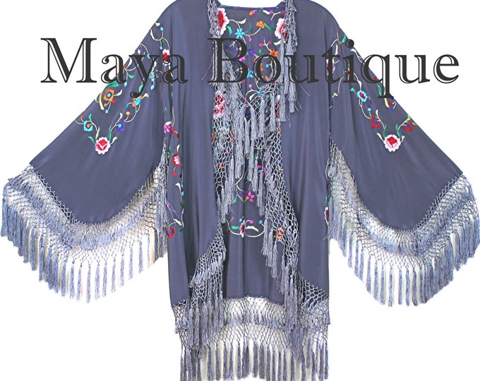 Lilac Gray Embroidered Silk Fringe Jacket Flamenco Kimono Short Maya Matazaro