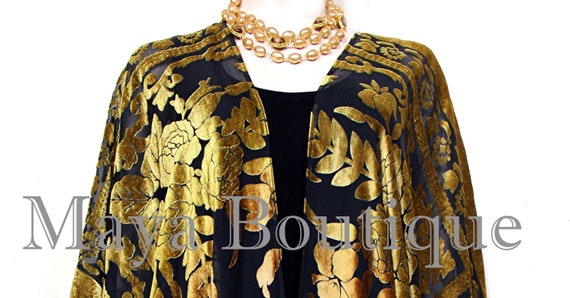 Antique Gold Fringe Jacket Short Kimono Duster Silk Burnout Velvet Maya Matazaro 