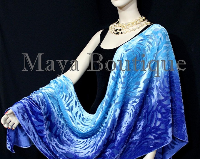 Maya Matazaro Hand Dyed Turquoise blue ombre Camellia Shawl Wrap Scarf Burnout Velvet