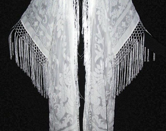 Ivory Fringe Burnout Velvet Jacket Kimono Opera Coat Silk One size