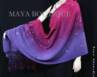 Embroidered Silk Wrap Shawl Scarf Hand Dyed Magenta Purple Maya Matazaro