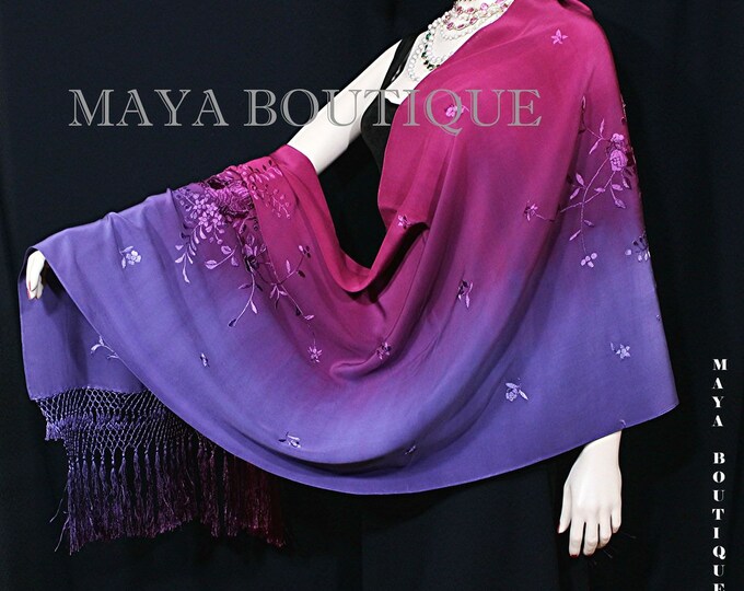Embroidered Silk Wrap Shawl Scarf Hand Dyed Magenta Purple Maya Matazaro