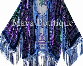 Maya Matazaro Tye Dye Teal Multi Short Fringe Jacket Kimono Silk Burnout Velvet