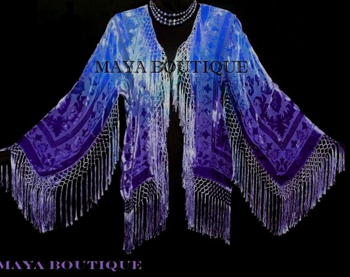 Blue & Purple Burnout Velvet Fringe Jacket Kimono Short Hand dyed Maya Matazaro
