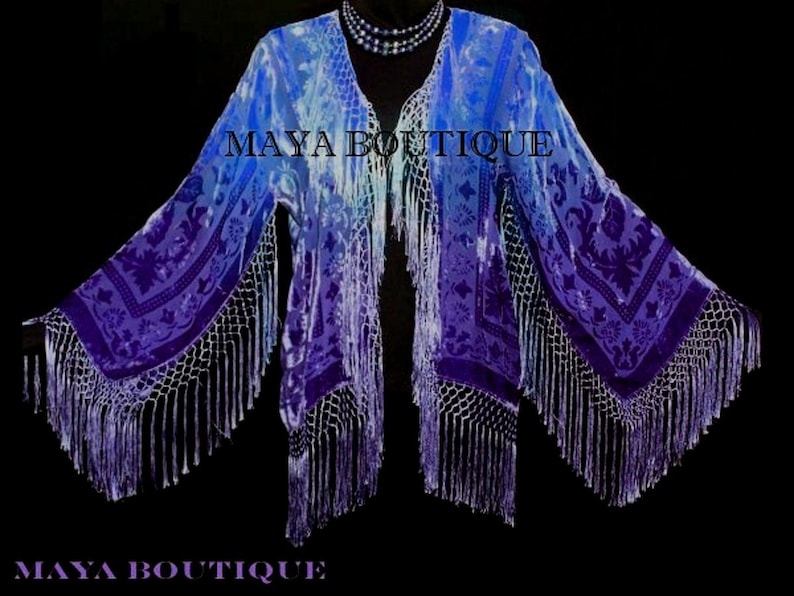 Blue & Purple Burnout Velvet Fringe Jacket Kimono Short Hand - Etsy
