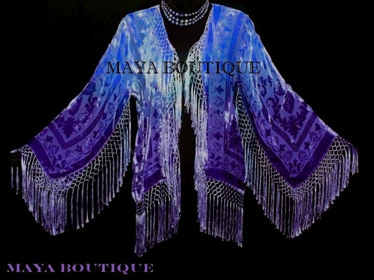Velvet & Matazaro - Etsy Fringe Kimono Dyed Purple Blue Jacket Short Burnout Hand Maya