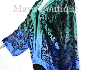 Green Blue Burnout Velvet Jacket Short Kimono No Fringe Hand Dyed Maya Matazaro
