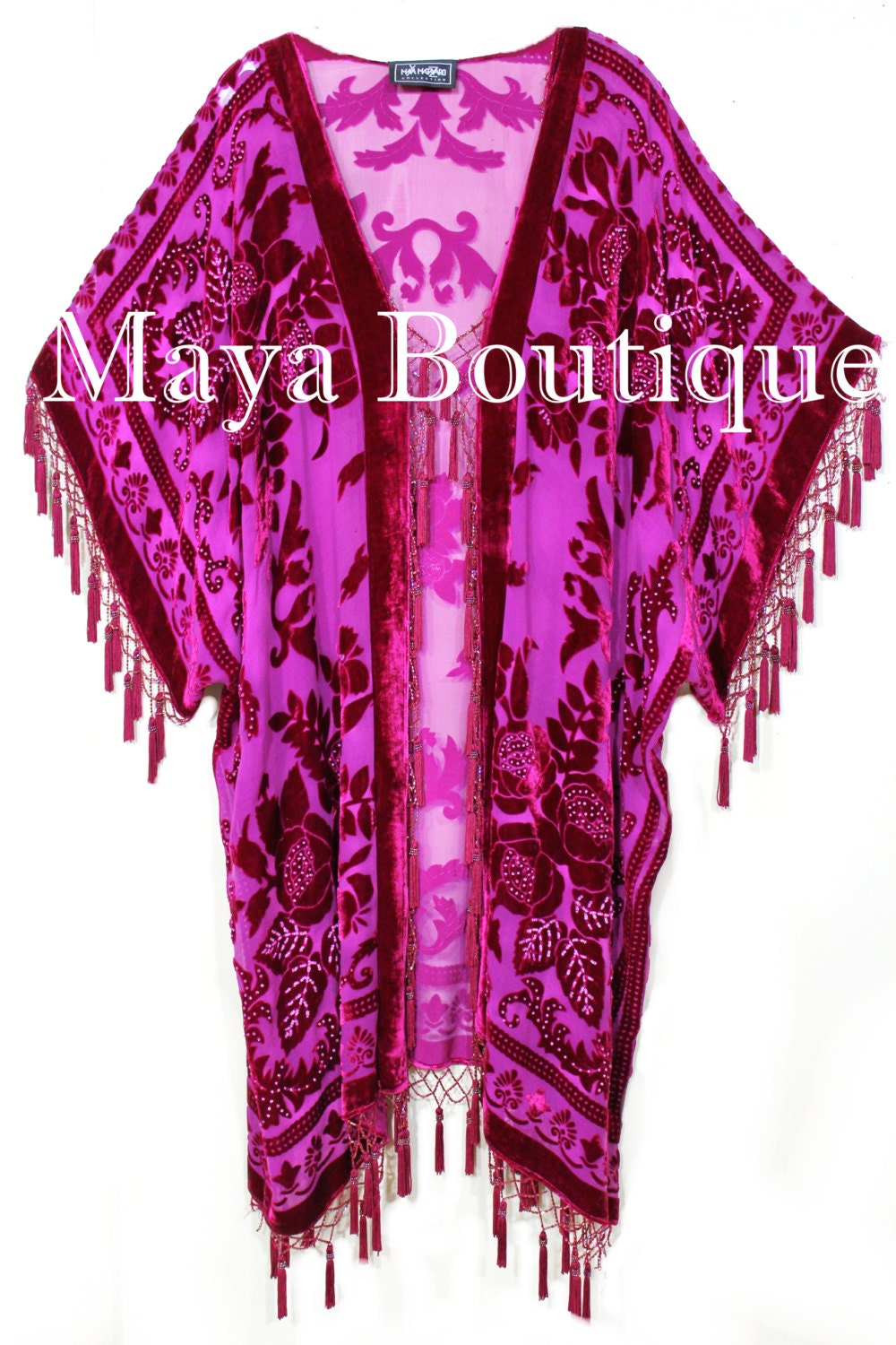 Maya Matazaro Fuchsia Beaded Silk Burnout Velvet Kimono Opera Coat Fringe  Jacket Made in USA - Etsy