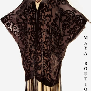Caftan Kimono Burnout Velvet Art Nouveau Dark Chocolate Brown