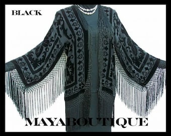 Black Fringe Jacket Kimono Bolero Silk Burnout Velvet Short Maya Matazaro