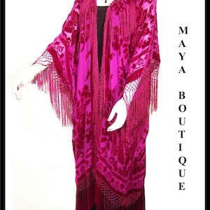 Fuchsia Silk Burnout Velvet Fringe Jacket Kimono Duster Maya Matazaro Plus