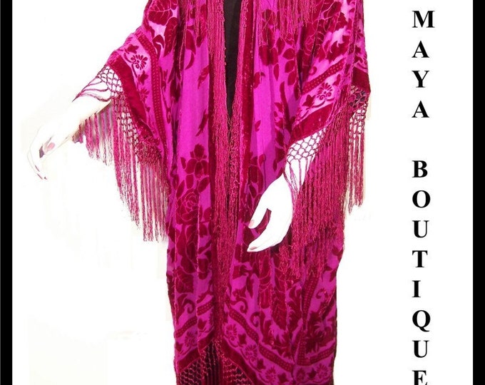Fuchsia Silk Burnout Velvet Fringe Jacket Kimono Duster Maya Matazaro Plus