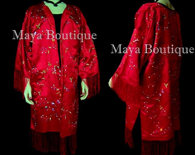 Red Embroidered Fringe Jacket Kimono Coat Lined Maya Matazaro