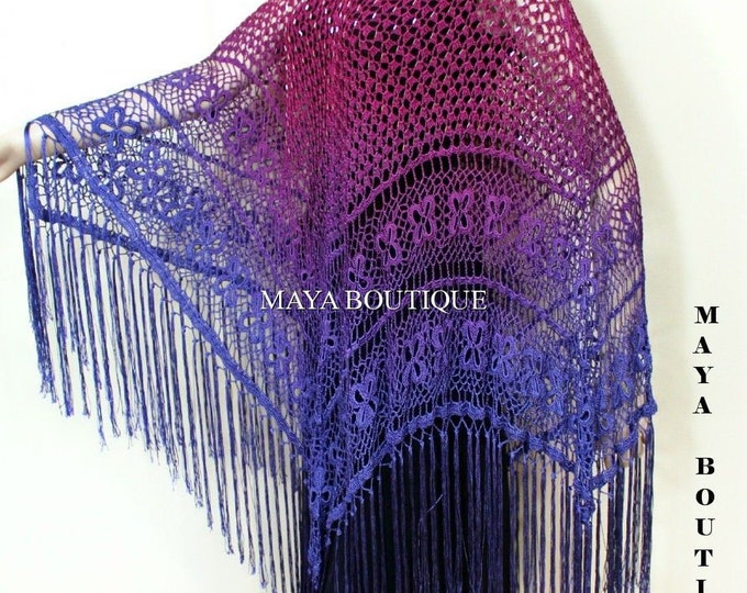 Crochet Poncho Shawl Top Hand Dyed Magenta Purple Ombree Maya Matazaro One Size